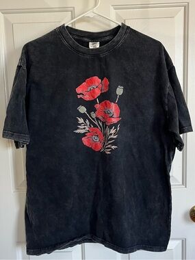 Black Tee with Red Poppy Floral Graphic